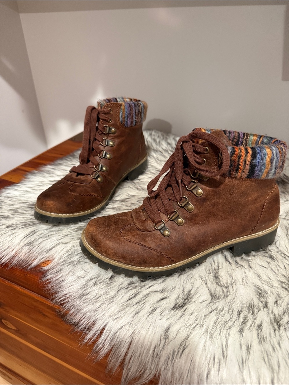 White Mountain Brown Lace-Up Ankle Boots with Multicolor Knit Cuff - Portsmouth